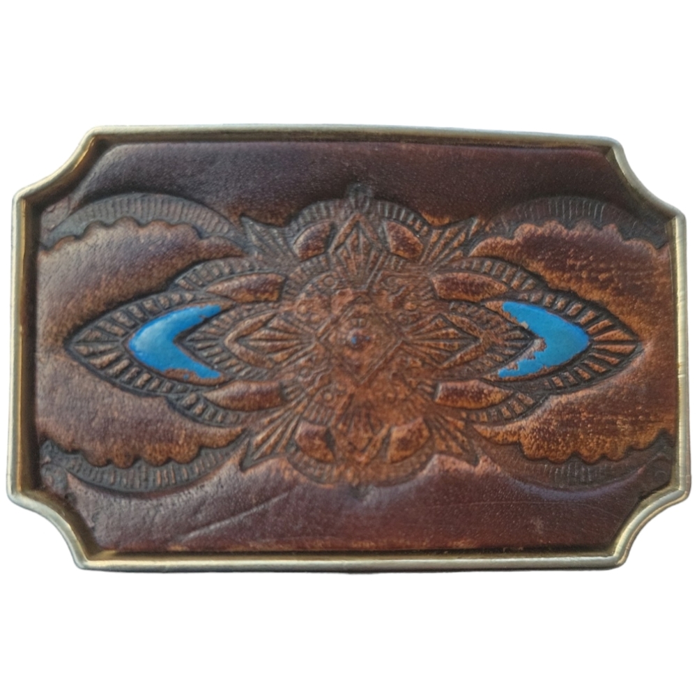Vtg Hand Tooled Genuine Leather Belt Buckle Inlayed In Heavy Gold Colored Metal